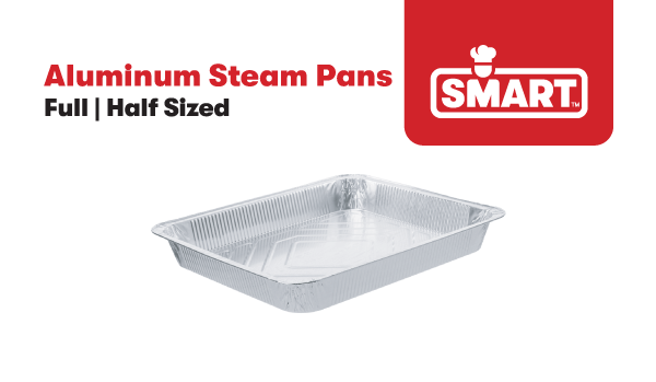 A boxed image with aluminum steamed pan and smart logo on it