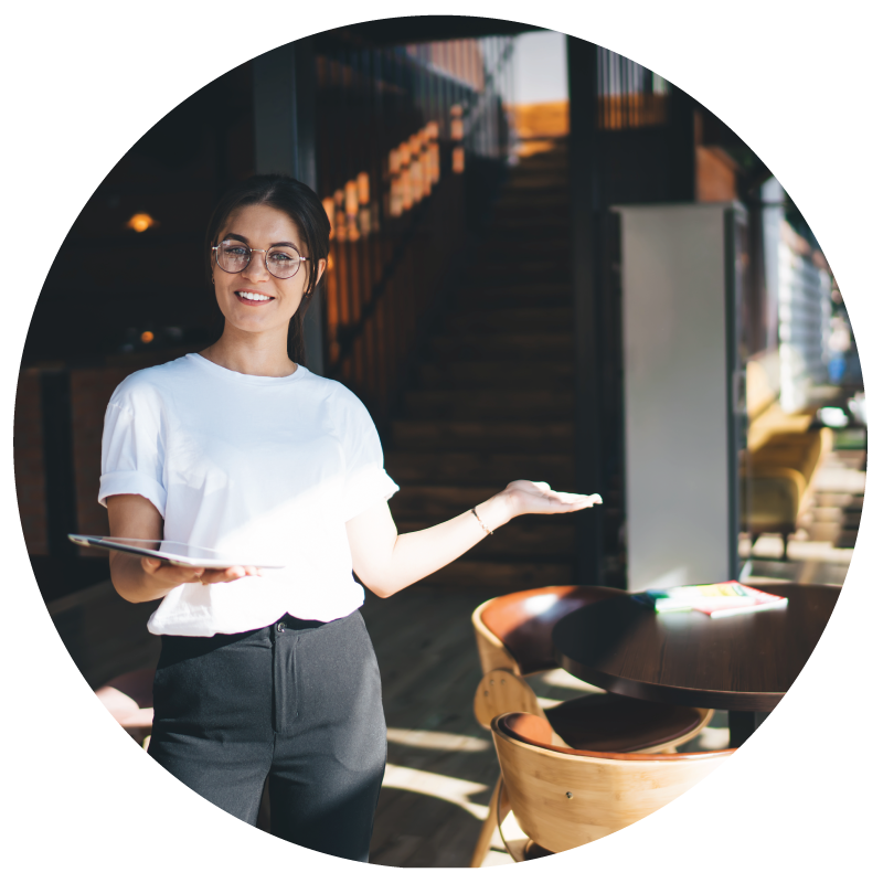 A female wait staff greeting at the restaurant