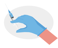 a hand-wearing disposable glove holding syringe