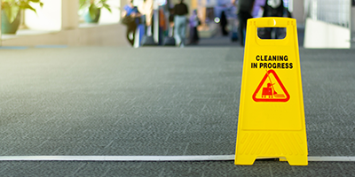 Floor sign says cleaning in progress in a public building hallway