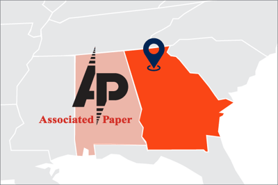 A map highlighted Georgia and Alabama with Associated Paper locations with logo and a legend