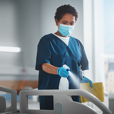 healthcare worker wearing face mask disinfecting patient bed