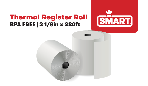 A boxed image with thermal register roll and smart logo on it