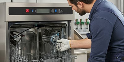 A technician maintenance commercial dishwasher