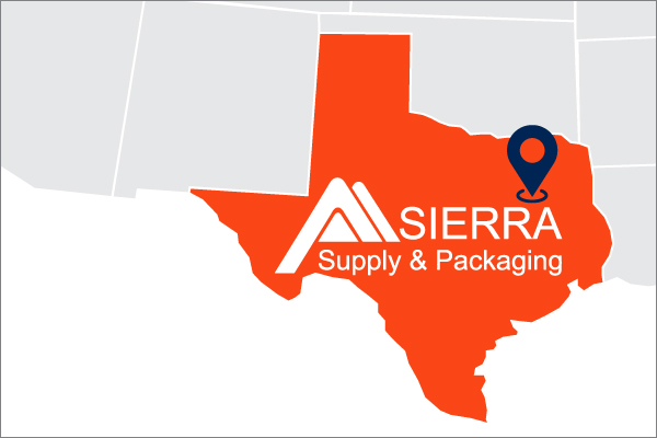 A map showing Texas where Sierra Supply & Packaging resides with legend and sierra logo